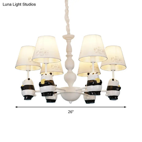 Cartoon Tapered Shade Hanging Lights - 6-Light Fabric Chandelier In White For Living Room
