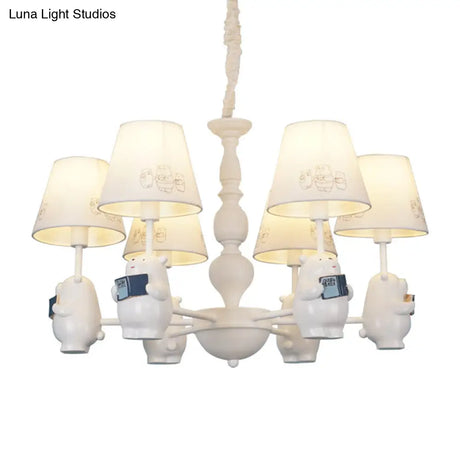 Cartoon Tapered Shade Hanging Lights - 6-Light Fabric Chandelier In White For Living Room