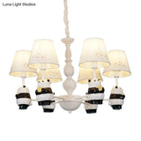 Cartoon Tapered Shade Hanging Lights - 6-Light Fabric Chandelier In White For Living Room