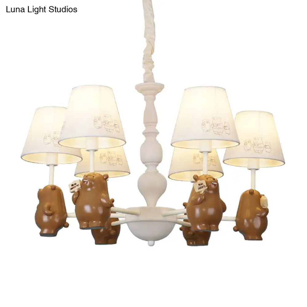 Cartoon Tapered Shade Hanging Lights - 6-Light Fabric Chandelier In White For Living Room