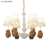 Cartoon Tapered Shade Hanging Lights - 6-Light Fabric Chandelier In White For Living Room
