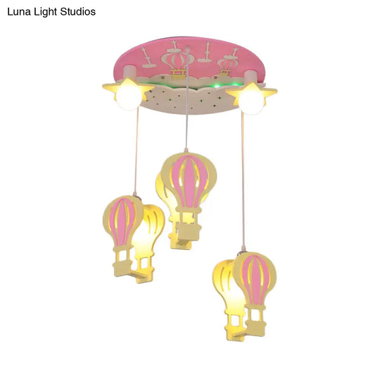 Cartoon Wooden Hot Air Balloon Semi Flush Ceiling Light With 5 Bulbs For Nursery