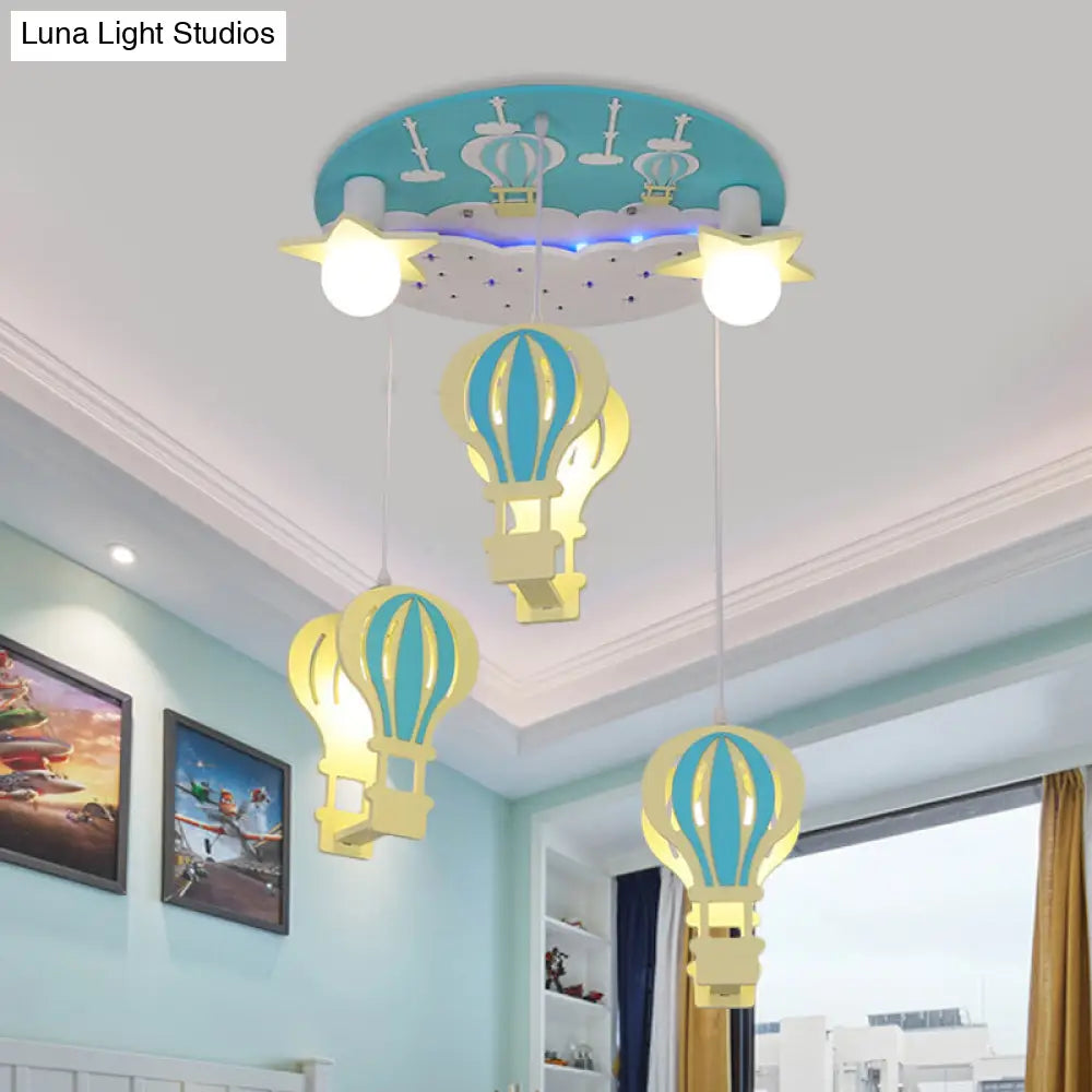 Cartoon Wooden Hot Air Balloon Semi Flush Ceiling Light With 5 Bulbs For Nursery Blue