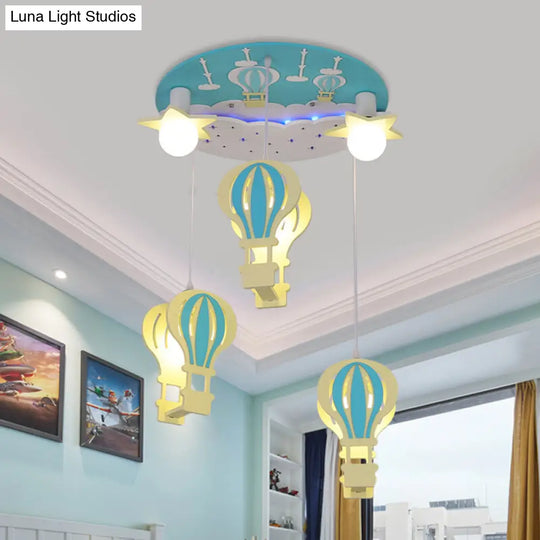 Cartoon Wooden Hot Air Balloon Semi Flush Ceiling Light With 5 Bulbs For Nursery Blue
