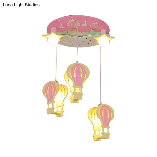 Cartoon Wooden Hot Air Balloon Semi Flush Ceiling Light With 5 Bulbs For Nursery