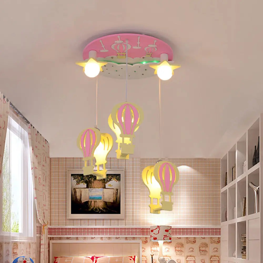 Cartoon Wooden Hot Air Balloon Semi Flush Ceiling Light With 5 Bulbs For Nursery Pink