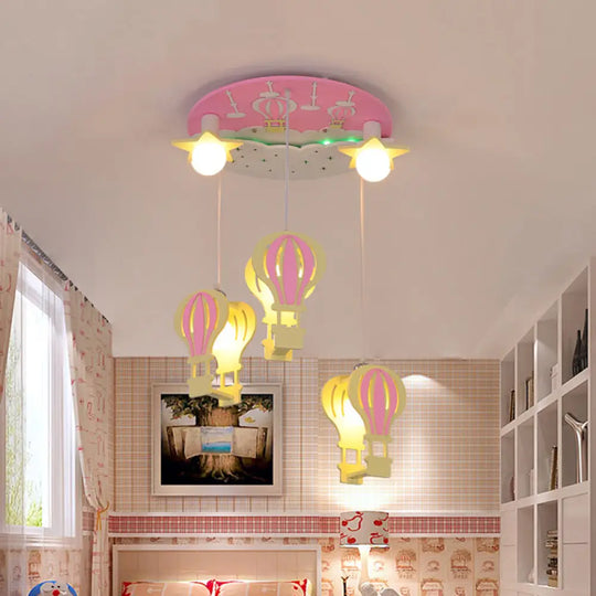 Cartoon Wooden Hot Air Balloon Semi Flush Ceiling Light With 5 Bulbs For Nursery Pink
