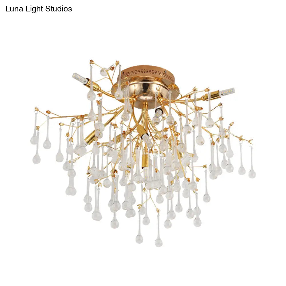 Cascade Bedroom Traditional Crystal 10-Head Semi Flush Ceiling Lamp - Gold