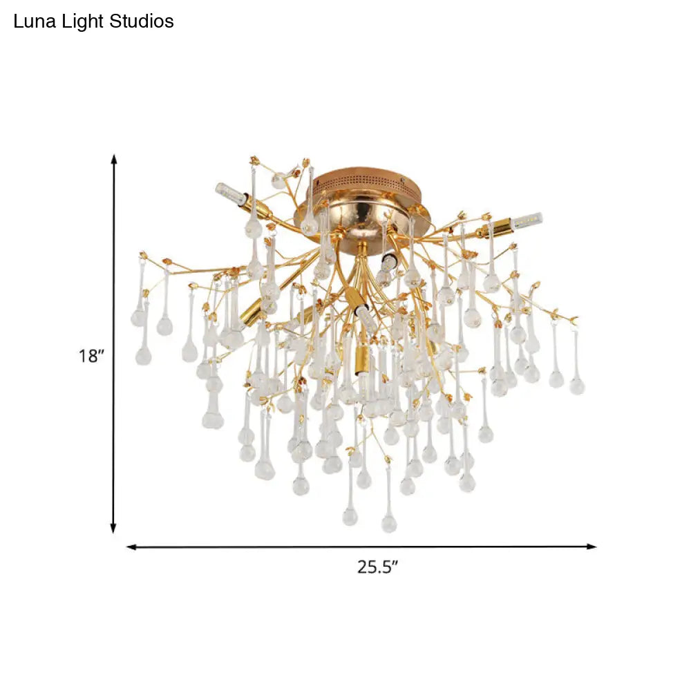 Cascade Bedroom Traditional Crystal 10-Head Semi Flush Ceiling Lamp - Gold