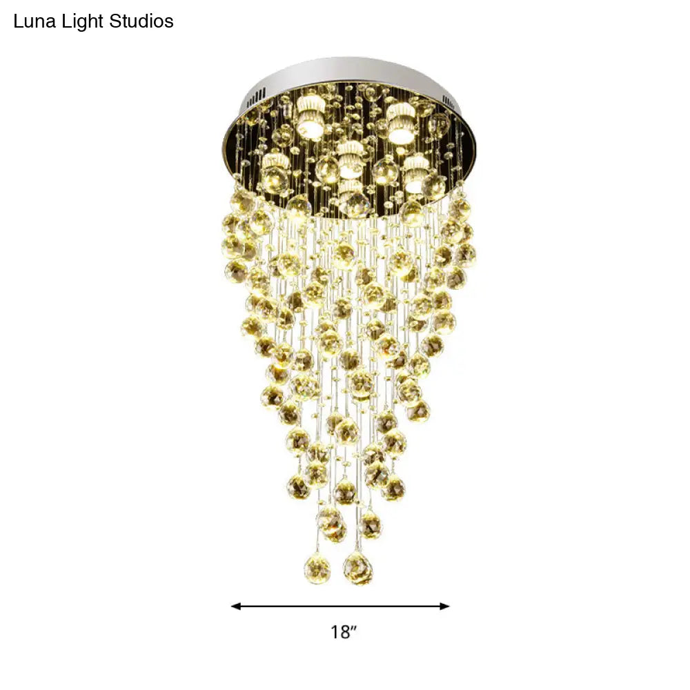 Cascade Flushmount Crystal Ceiling Light Fixture - Contemporary Faceted Design (6 Heads) Nickel