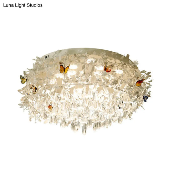 Cascade Teardrop Crystal Ceiling Light - 18/23.5 Wide Contemporary 5 Heads Nickel Flush Mount