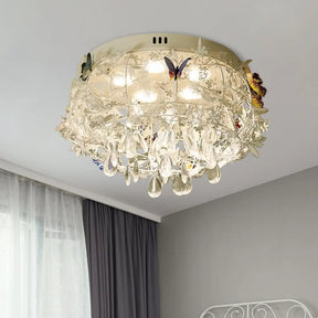 Cascade Teardrop Crystal Ceiling Light - 18’/23.5’ Wide Contemporary 5 Heads Nickel Flush Mount
