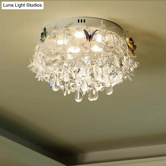 Cascade Teardrop Crystal Ceiling Light - 18’/23.5’ Wide Contemporary 5 Heads Nickel Flush Mount