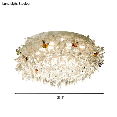 Cascade Teardrop Crystal Ceiling Light - 18’/23.5’ Wide Contemporary 5 Heads Nickel Flush Mount