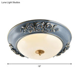 Ceramic Carved Rose Led Ceiling Lamp In Blue With White Glass Shade - Available 12’/14’/18’