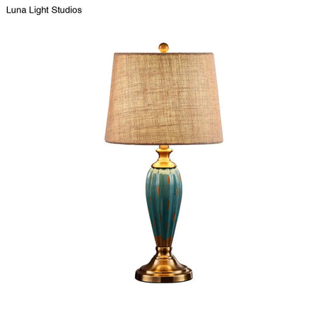 Ceramic Nightstand Lamp: Country Red/Blue Urn Shape With Fabric Drum Shade
