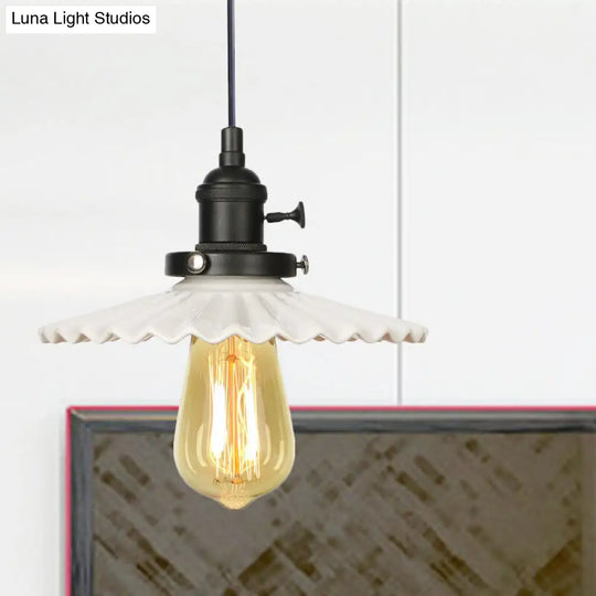 Scalloped Edge Hanging Light Fixture - Ceramic Pendant Ceiling For Industrial Dining Rooms (1 Bulb)