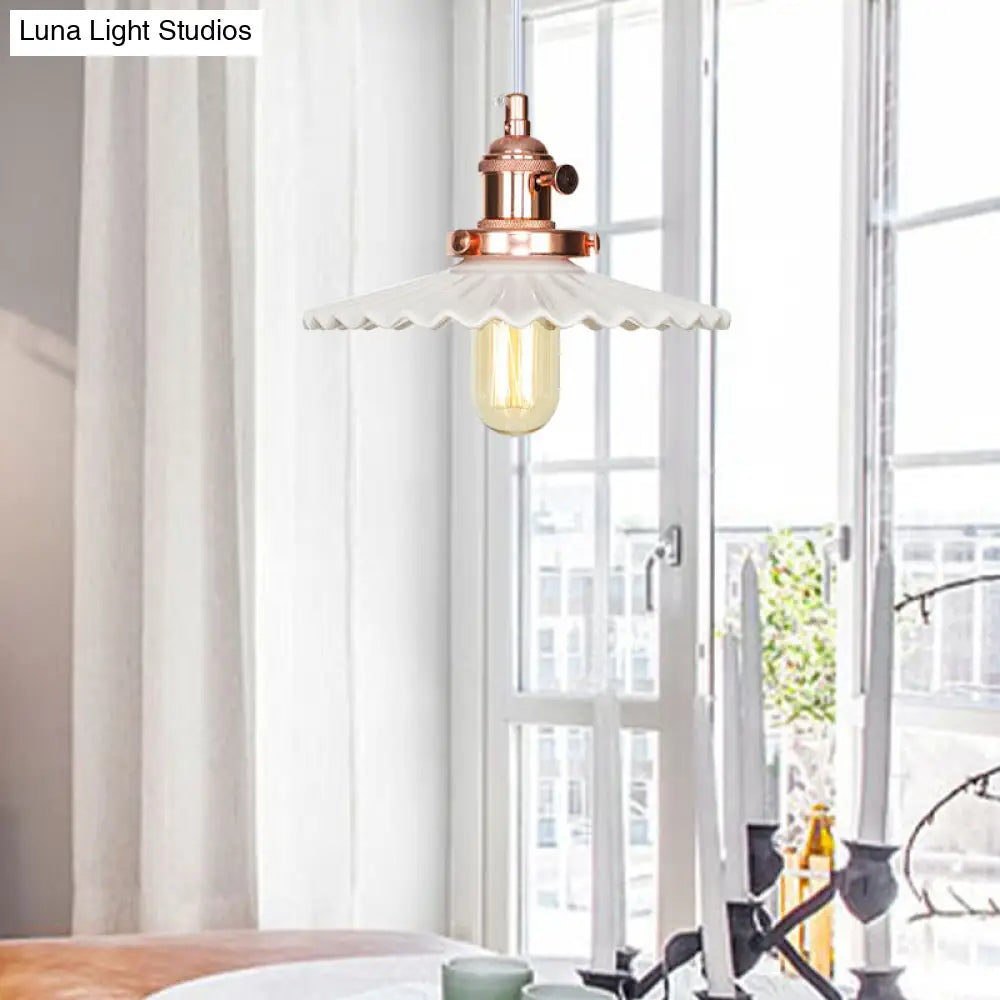 Ceramic Scalloped Edge Industrial Pendant Light With Single Bulb For Dining Rooms In Black Bronze