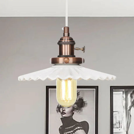 Ceramic Scalloped Edge Industrial Pendant Light With Single Bulb For Dining Rooms In Black Bronze