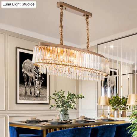 Champagne Crystal Prism Island Pendant - Modern Chic Oval Dining Room Light Fixture
