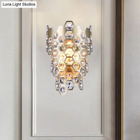 Champagne Hexagon-Crystal Wall Sconce With 3 Tapered Bulbs - Contemporary Flush Mount Light