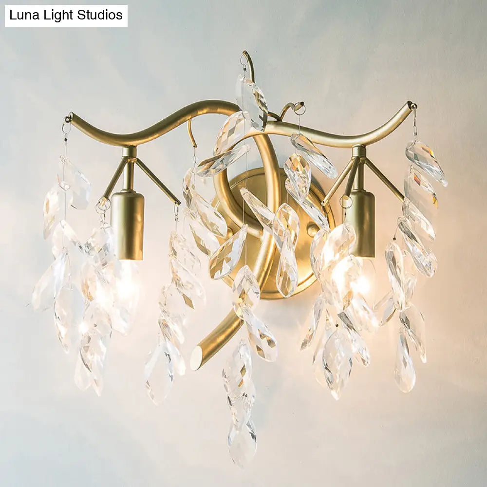 Champagne K9 Crystal Wall Sconce & Fixture: 2-Light Foliage Design For Bedroom