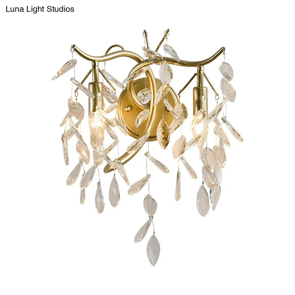 Champagne K9 Crystal Wall Sconce & Fixture: 2-Light Foliage Design For Bedroom