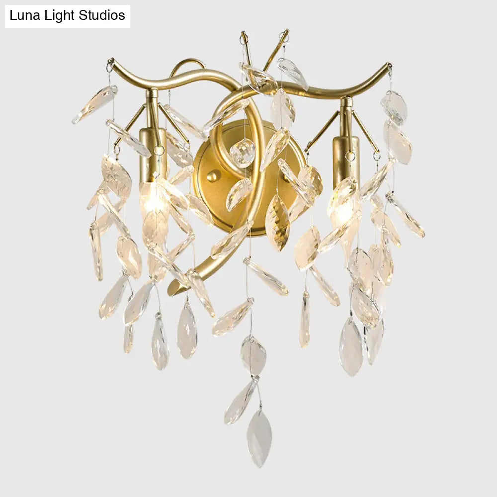 Champagne K9 Crystal Wall Sconce & Fixture: 2-Light Foliage Design For Bedroom