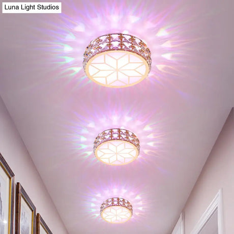 Champagne Led Crystal Embedded Round Ceiling Light - Simple Style Flush Mount For Passageway