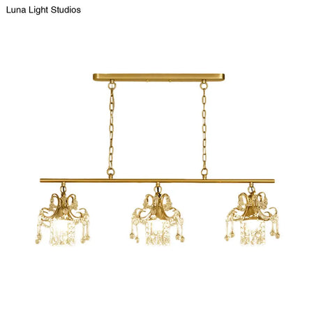 Champagne Vintage-Style Crystal & Metal Pendant Light: 3-Light Island Lighting For Living Room