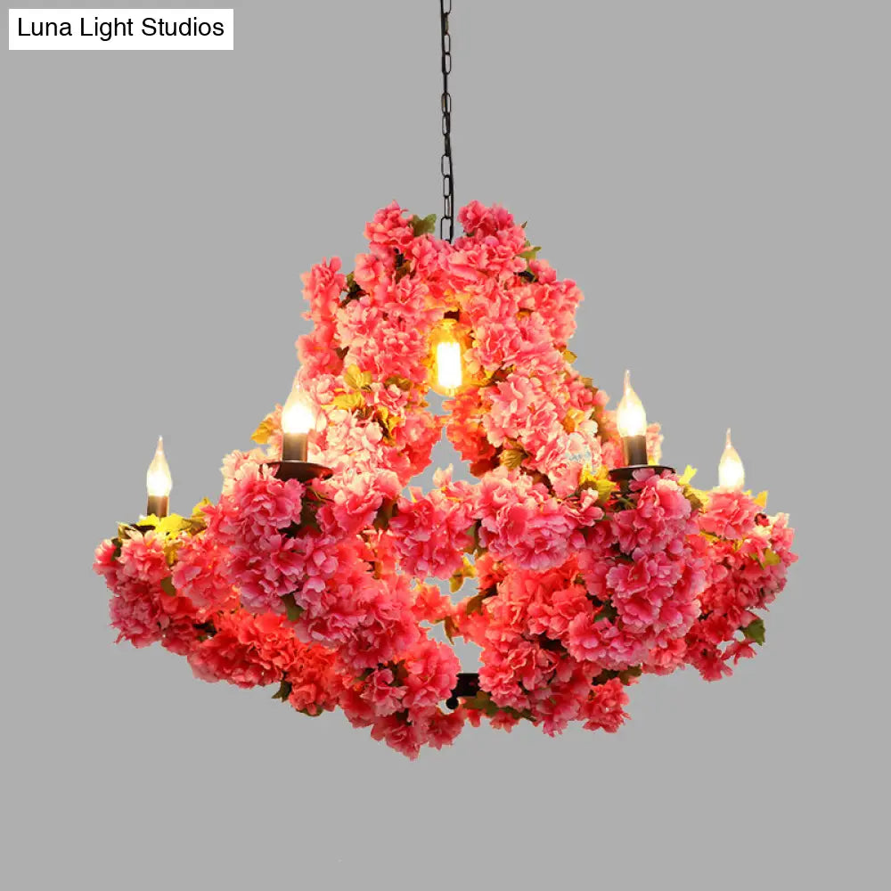 7-Light Cherry Blossom Chandelier In Antique Pink Metal - Led Pendant Light For Restaurants