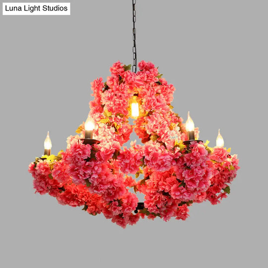7-Light Cherry Blossom Chandelier In Antique Pink Metal - Led Pendant Light For Restaurants