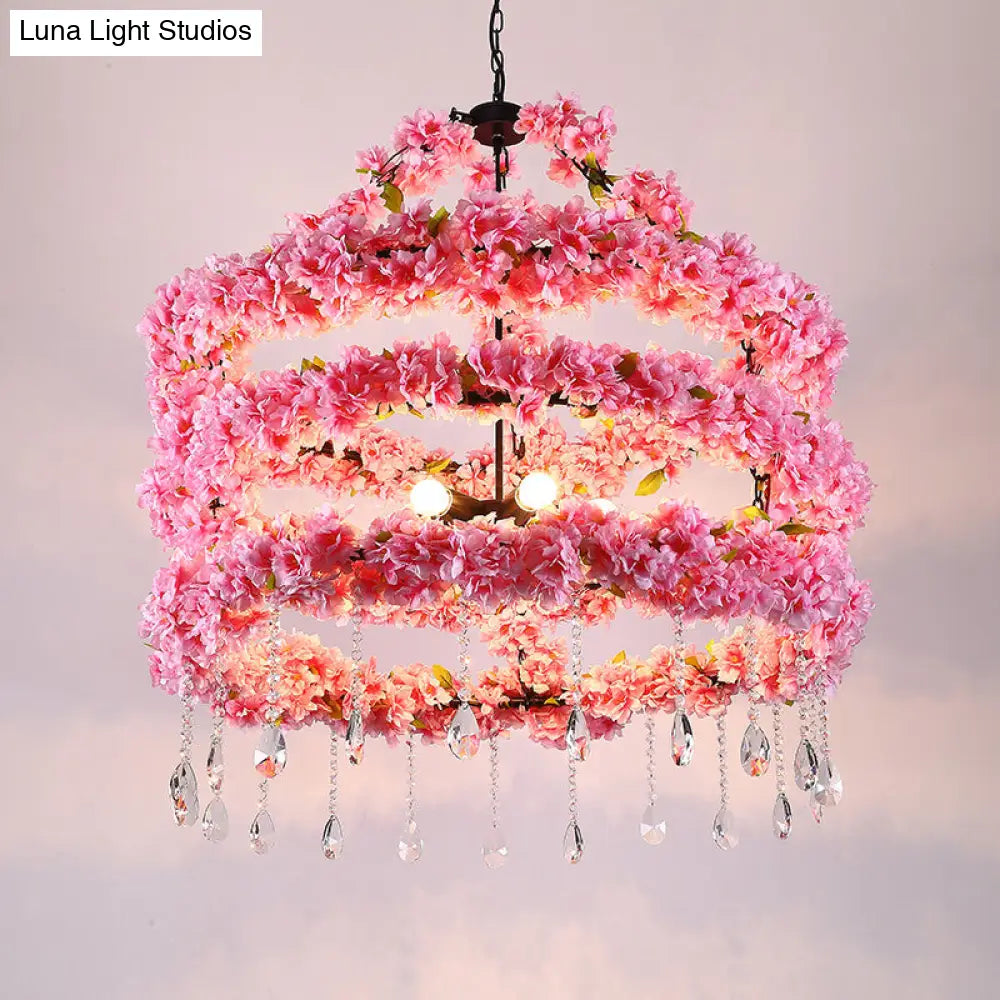 Loft Style Pink Metallic Hanging Ceiling Light With Crystal Deco - 6-Bulb Cherry Wreath Chandelier