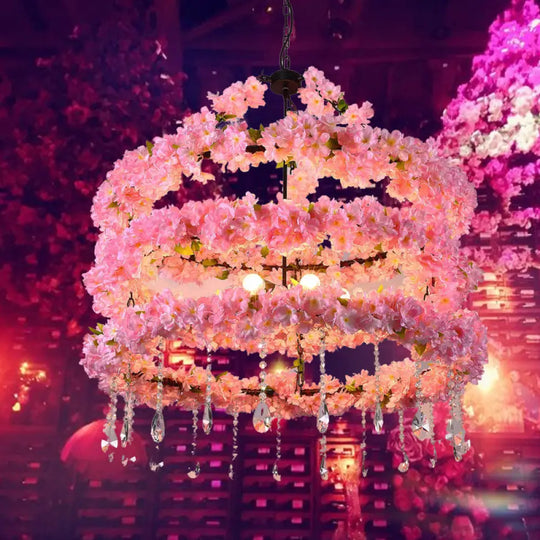 Cherry Wreath Chandelier - 6-Bulb Loft Style Pink Metallic Ceiling Light With Crystal Deco / 23.5’
