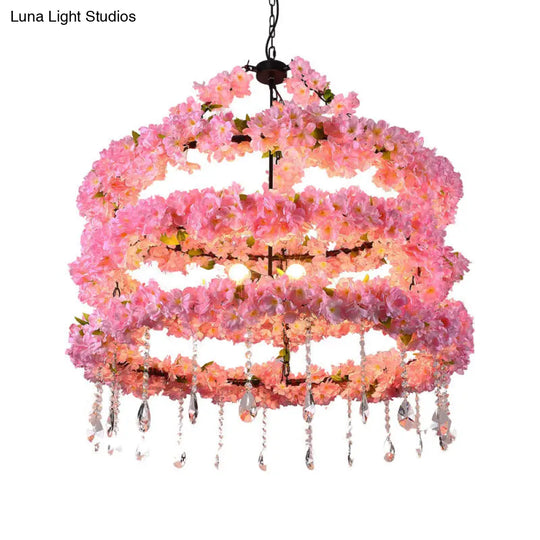 Loft Style Pink Metallic Hanging Ceiling Light With Crystal Deco - 6-Bulb Cherry Wreath Chandelier