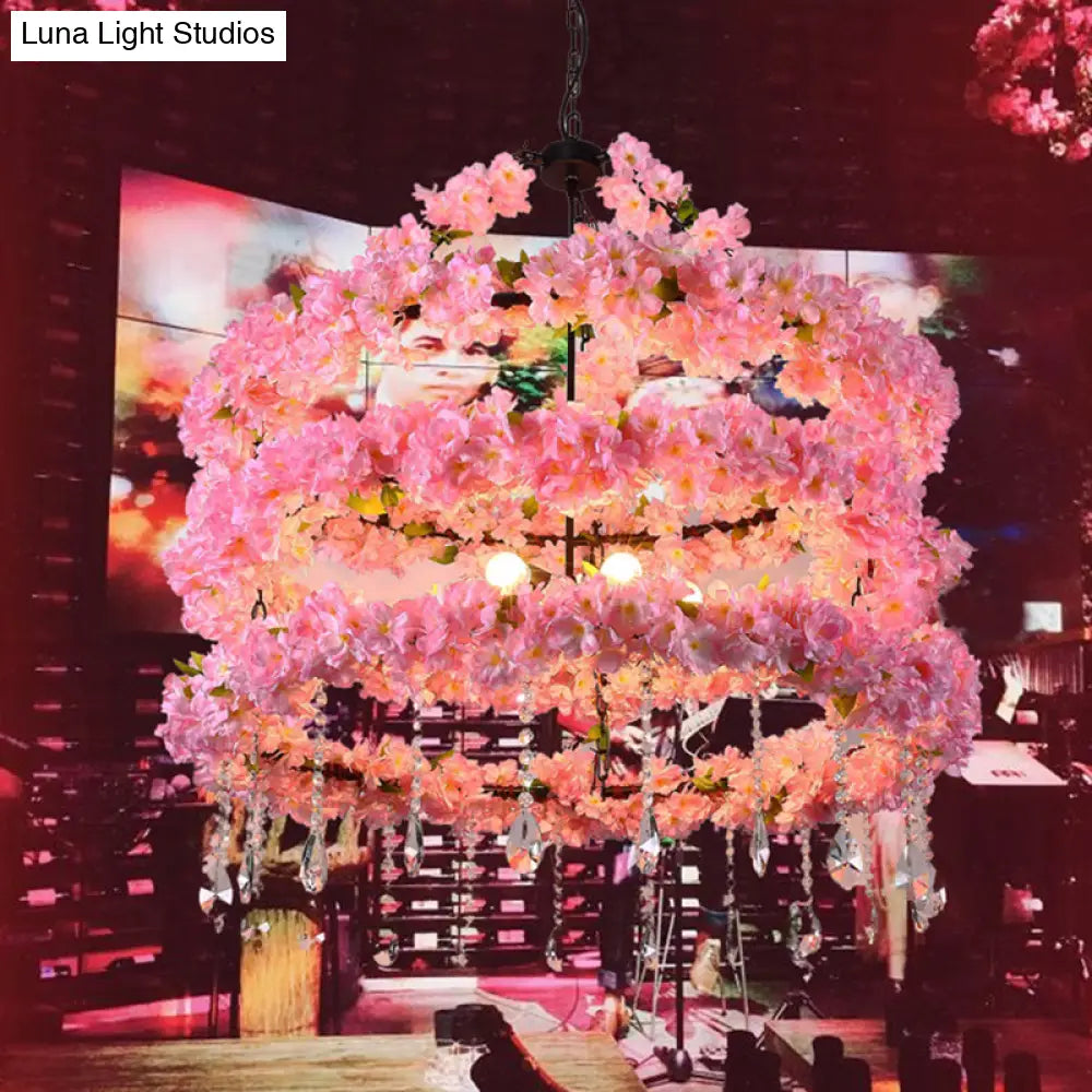 Loft Style Pink Metallic Hanging Ceiling Light With Crystal Deco - 6-Bulb Cherry Wreath Chandelier