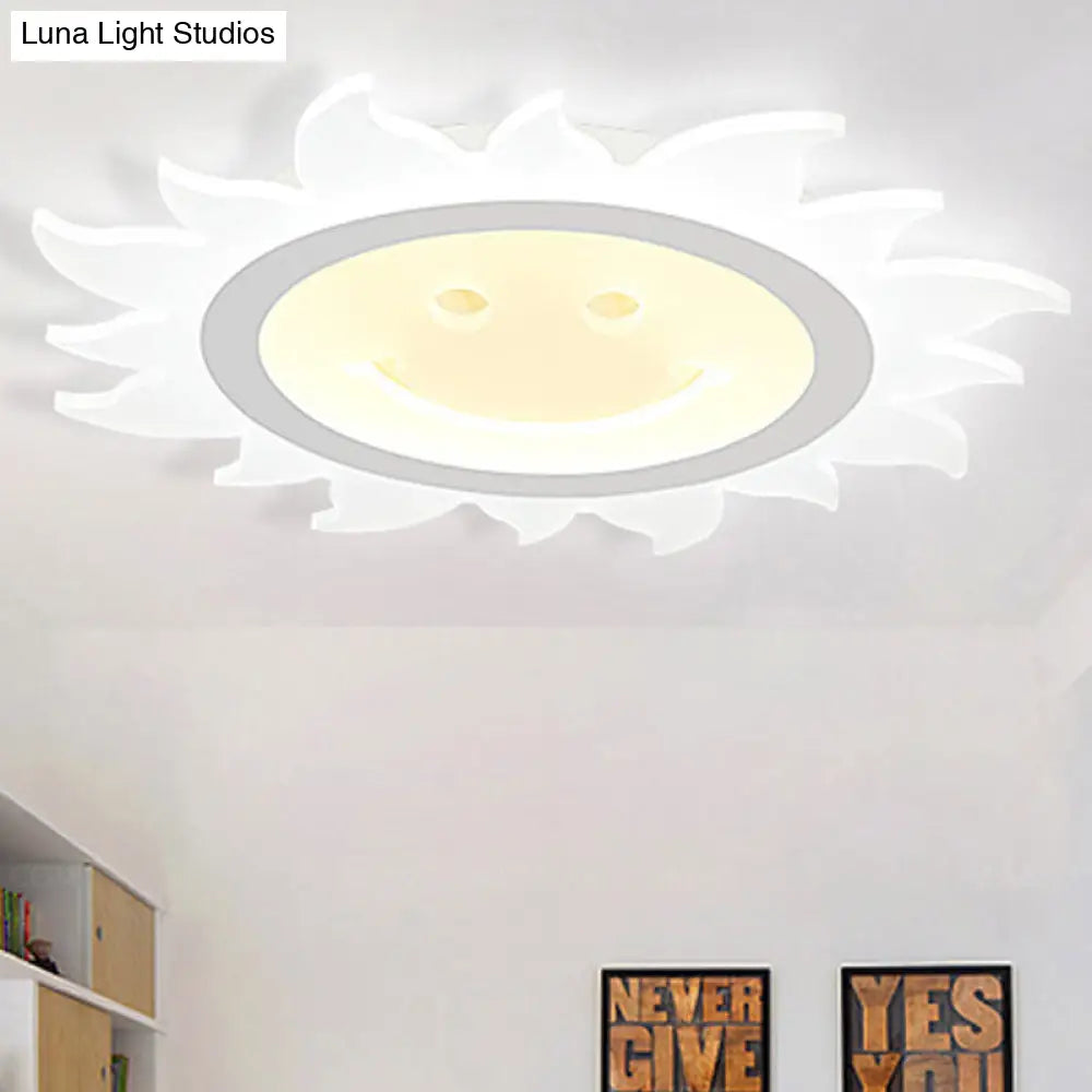 Child Bedroom Led Flush Ceiling Light: Lovely White Smiling Sun Acrylic Lamp / 16.5 Warm