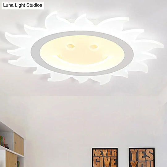 Child Bedroom Led Flush Ceiling Light: Lovely White Smiling Sun Acrylic Lamp / 16.5 Warm