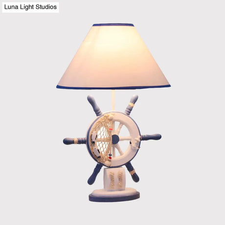 Childrens Blue Night Light Desk Lamp With Resin Rudder Base Single Bulb And White Cone Shade