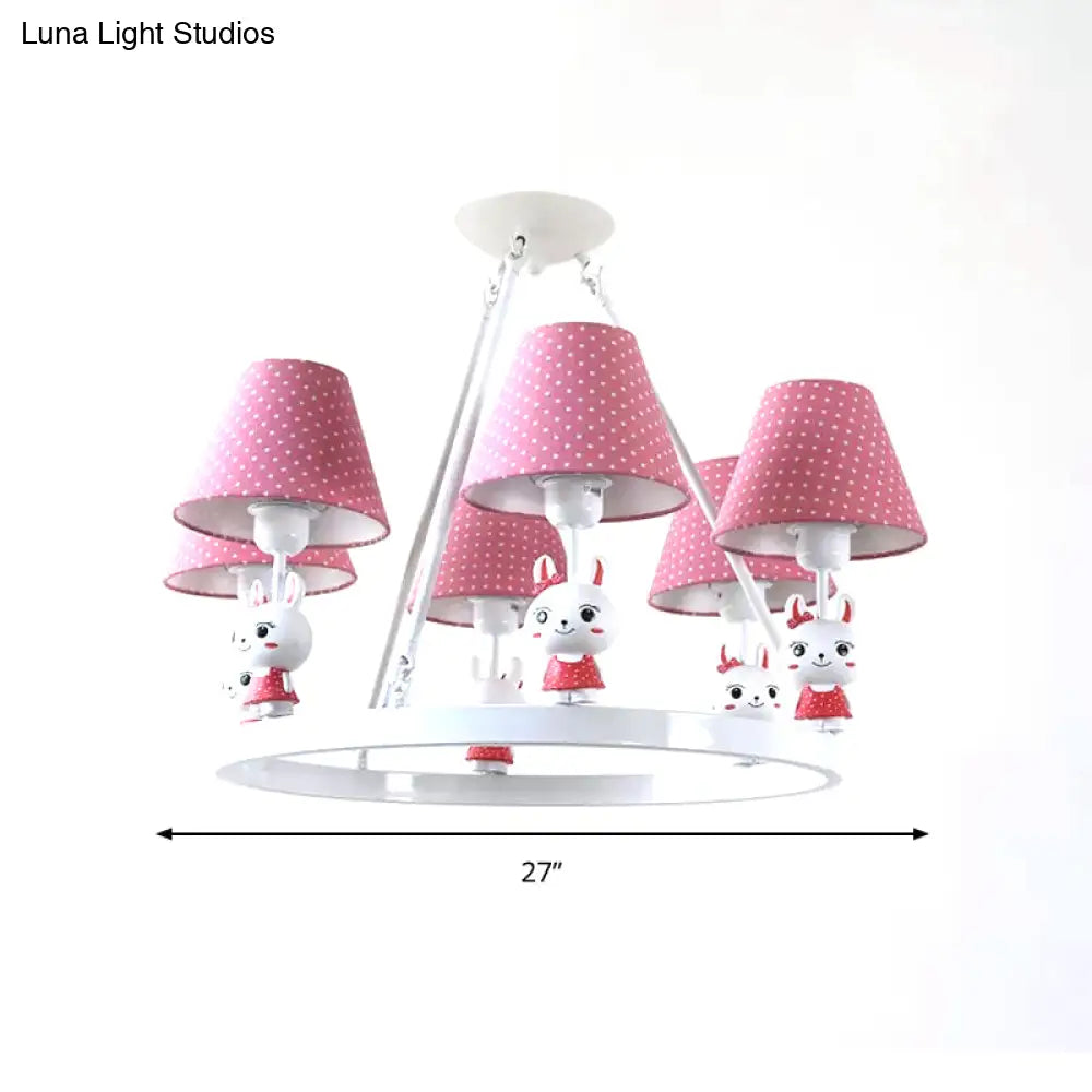 Childrens Pink Bunny Chandelier: Metal 3-Headed Hanging Light With Dot Shade For Girls Bedroom