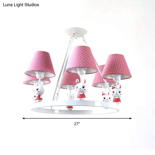 Childrens Pink Bunny Chandelier: Metal 3-Headed Hanging Light With Dot Shade For Girls Bedroom