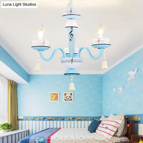 Childs Bedroom Candle Suspension Light: Musical Note Cartoon Glass Chandelier With Little Bell