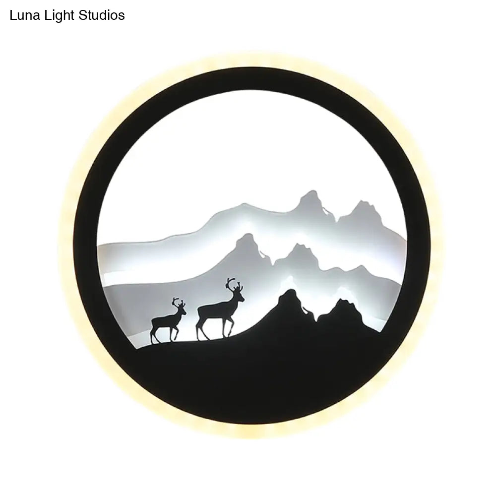 Chinese Acrylic Round Wall Light With Led-Illuminated Deer And Mountain Mural In Black White
