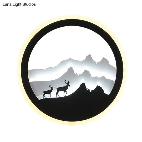Chinese Acrylic Round Wall Light With Led-Illuminated Deer And Mountain Mural In Black White