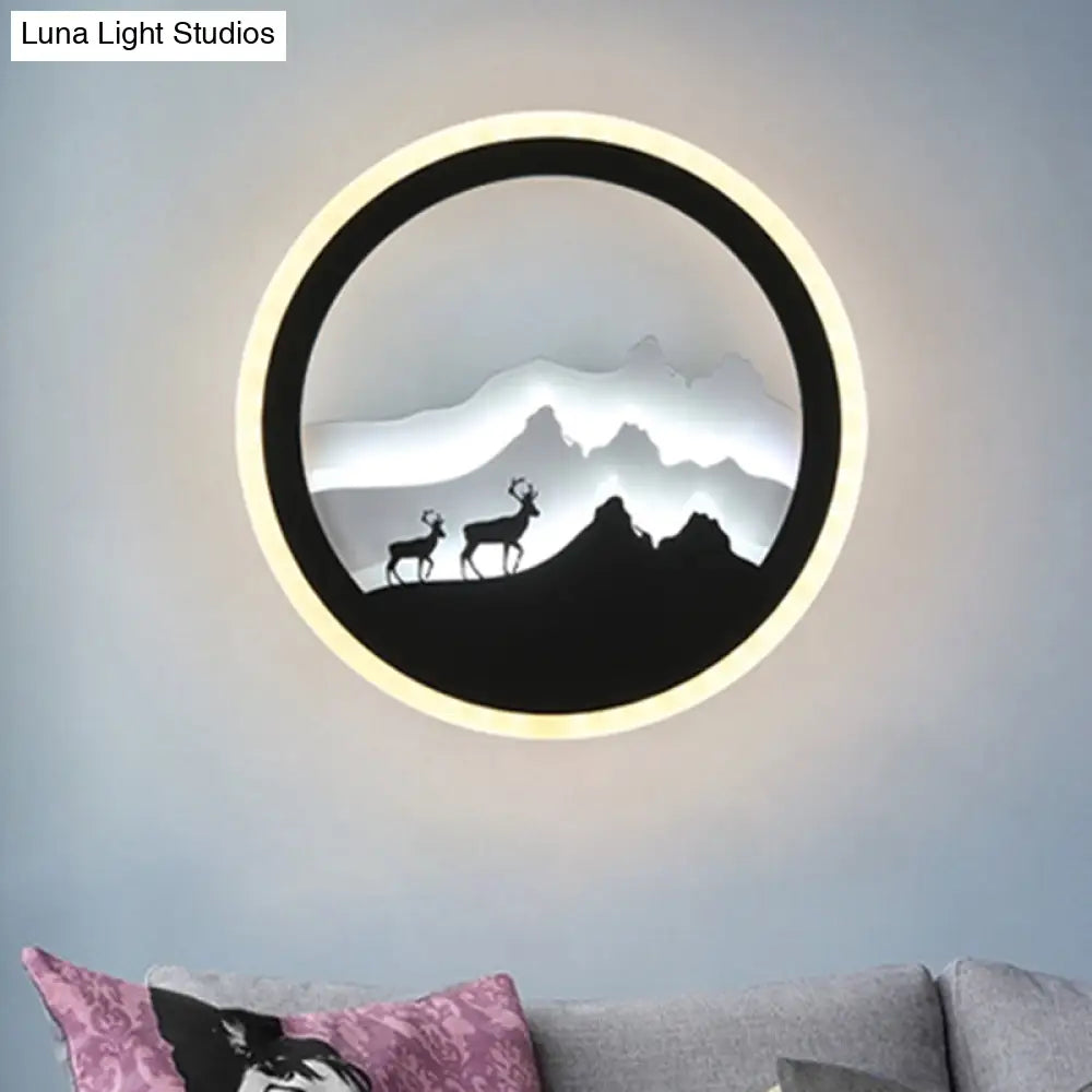 Chinese Acrylic Round Wall Light With Led-Illuminated Deer And Mountain Mural In Black White