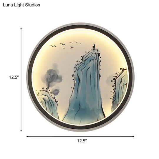 Chinese Aluminum Led Mural Lamp - Blue Mount Tai Drawing Circular Sconce Fixture
