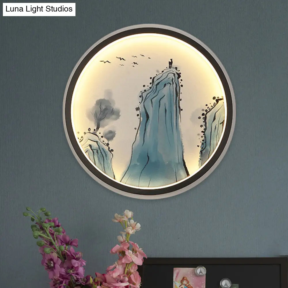 Chinese Aluminum Led Mural Lamp - Blue Mount Tai Drawing Circular Sconce Fixture
