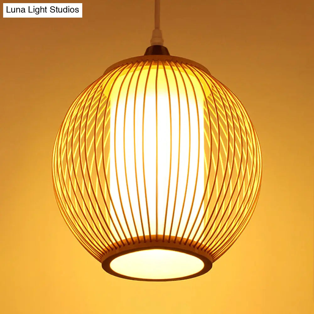 Chinese Bamboo Lantern Pendant Light With Beige Shade For Ceiling