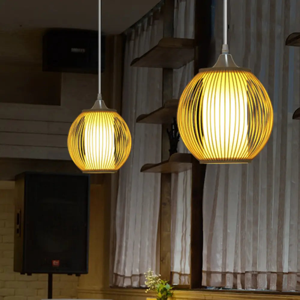 Chinese Bamboo Lantern Pendant Light With Beige Shade For Ceiling