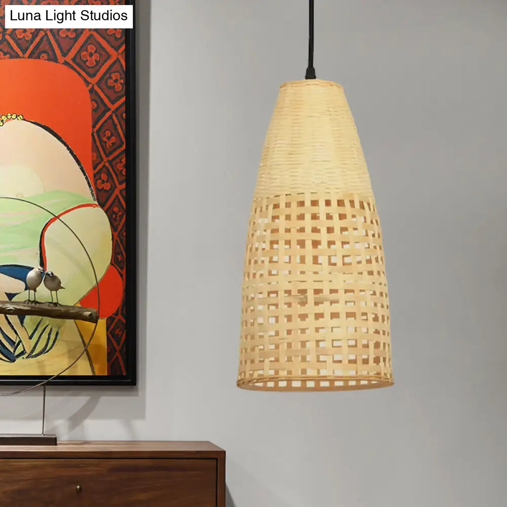 Chinese Bamboo Shade Pendant Light - Beige 1-Bulb Elongated Drop Restaurant Style